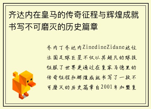 齐达内在皇马的传奇征程与辉煌成就书写不可磨灭的历史篇章
